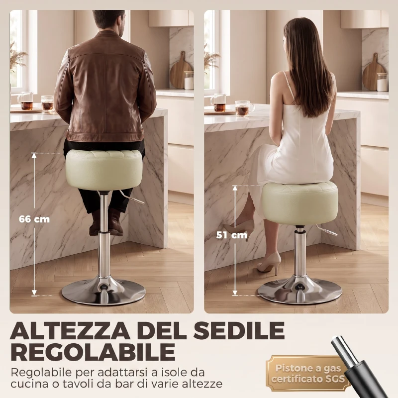 HOMCOM Sgabello da Bar in Pelle PU con Altezza Regolabile, Seduta Girevole a 360° e Morbida, Bianco