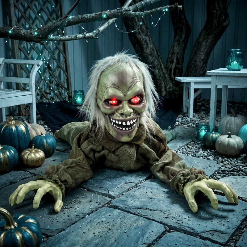 HOMCOM Halloween Decoration Halloween Animatronic Crawling Zombie with Light-Up Eyes and Creepy Sound