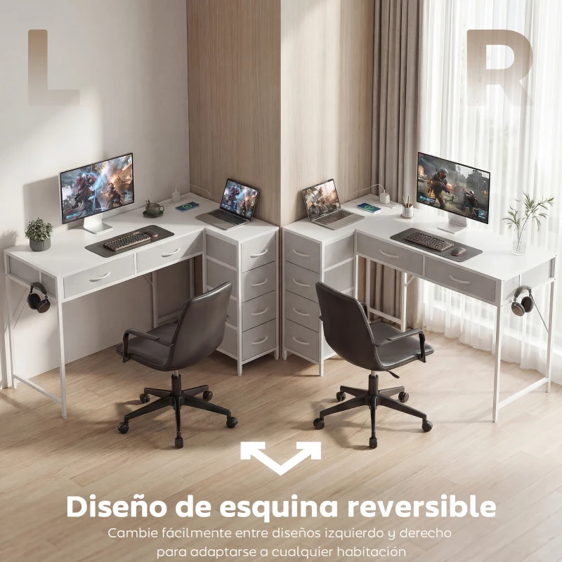 HOMCOM Escritorio Esquinero Reversible con 6 Cajones 126x48 cm con Toma de Corriente Puerto de Carga USB y USB-C Blanco