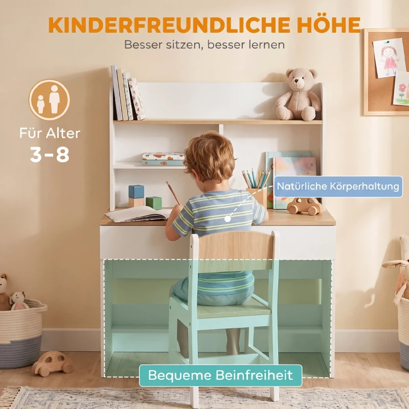 AIYAPLAY Kinderbureau met lade, boekenrek en opbergruimte voor kinderen van 3-8 jaar, 80 x 50 x 100 cm, wit