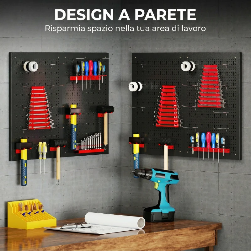 HOMCOM Set 4 Pannelli Porta Attrezzi da Parete in Acciaio 38pz, con 12 Supporti e 22 Ganci, Nero e Rosso