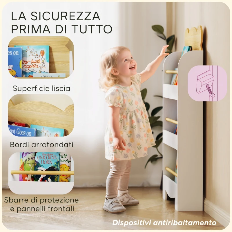 AIYAPLAY Libreria per Bambini con 3 Ripiani a Forma di Orsetto con Barriere Frontali, 55x15x110 cm, Color Legno