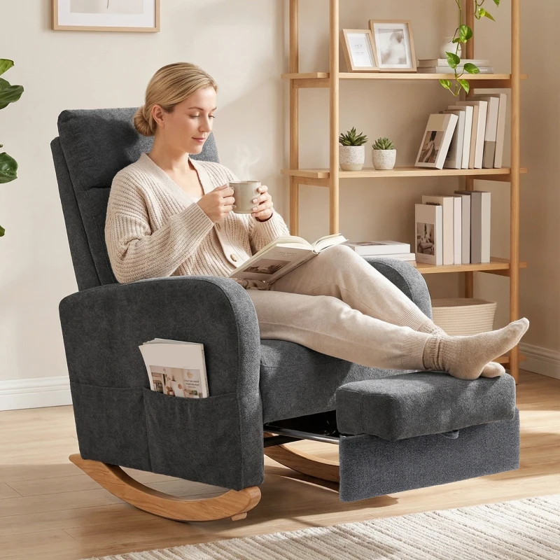 HOMCOM Upholstered Rocking Chair Retractable Footrest Rocker Chair High Back for Living Room Grey