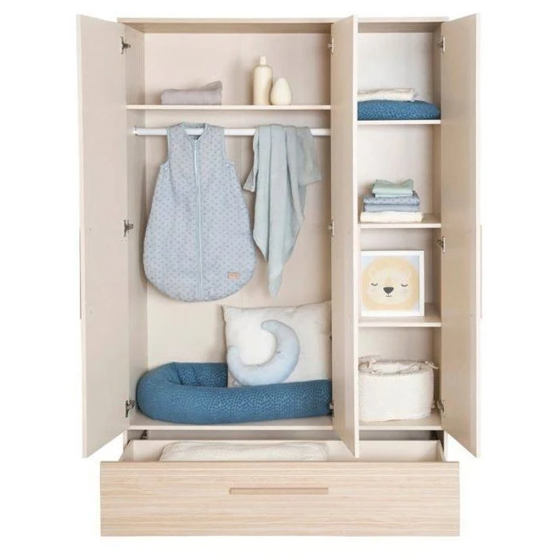 Chambre bébé trio : Lit évolutif 70 x 140 cm + Commode a langer + Armoire - SIDNEY - ROBA - Chene / Beige