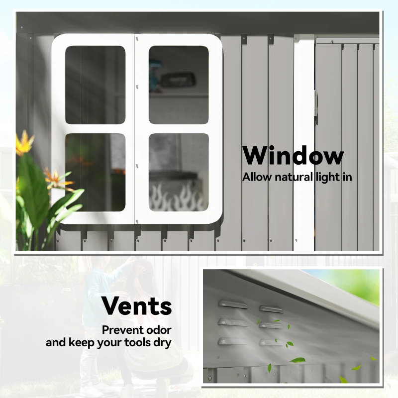 Outsunny 8.5 x 6ft Storage Shed Galvanised Steel Garden Shed, Metal Shed with Foundation Kit, Window, Lockable Wide Doors and Air Vents for Outdoor Patio, Light Grey