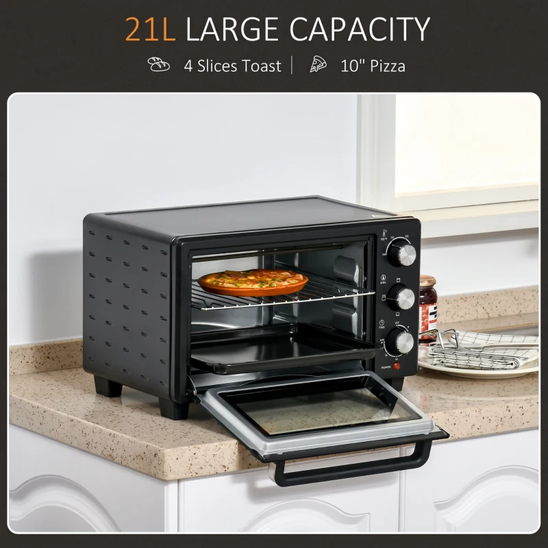 HOMCOM Minibackofen, 21 L Toasterofen mit 1 Drahtgestell und 1 Backblech, 3 Kochmodi, 100 °C-230 °C, Edelstahl, Glas, Schwarz