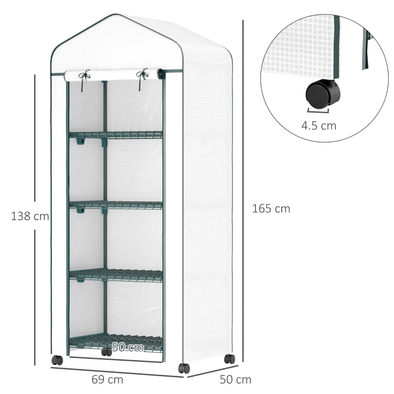 Outsunny 4 Tier Mini Portable Greenhouse Compact Plant Grow Shed Metal Frame PE Cover with Lockable Rolling Wheels, White