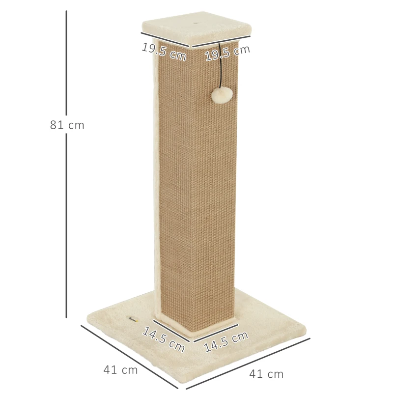 PawHut Stâlp de zgâriere pentru pisici, incl. bilă jucărie, pluș, iută, 41 cm x 41 cm x 81 cm, Bej