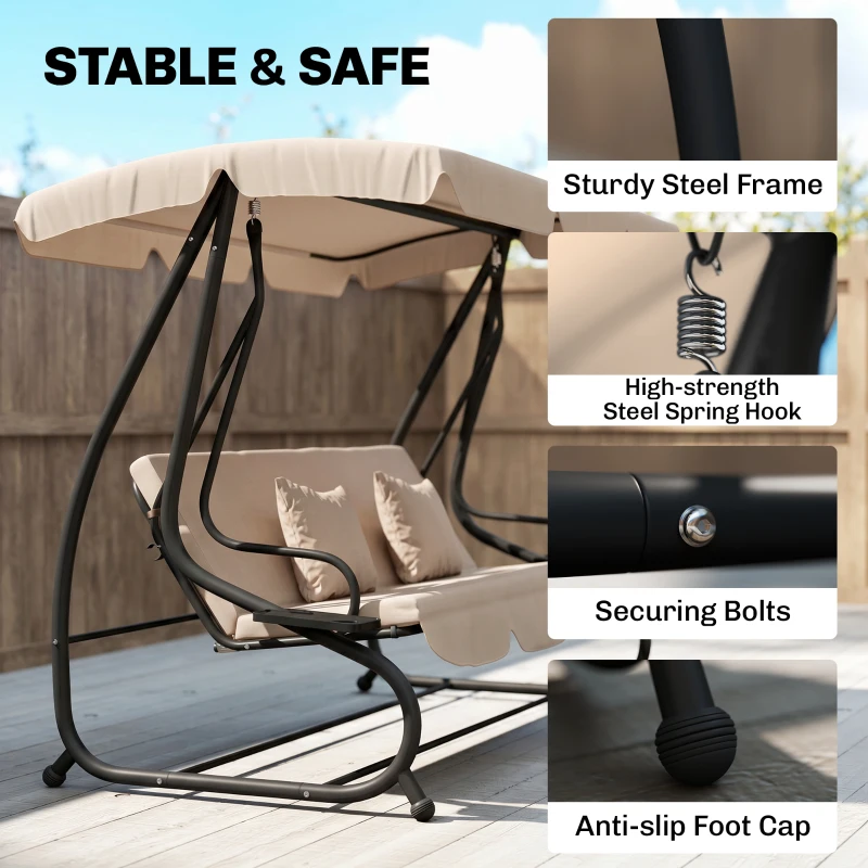 Outsunny Three-Person garden Swing Chair, with Adjustable Canopy - Light Brown