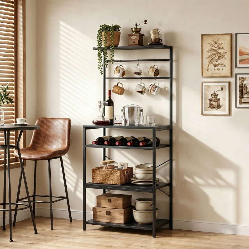 HOMCOM Freestanding Shelving Unit, Industrial Storage Shelf with 6 Hooks and Wine Rack for Living Room, Home Office, Black