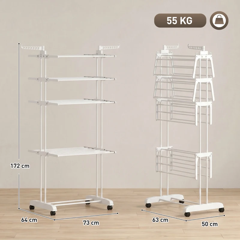HOMCOM Séchoir à linge pliable 4 niveaux avec roulettes, étendoir linge intérieur avec ailes latérales, cadre en acier, blanc