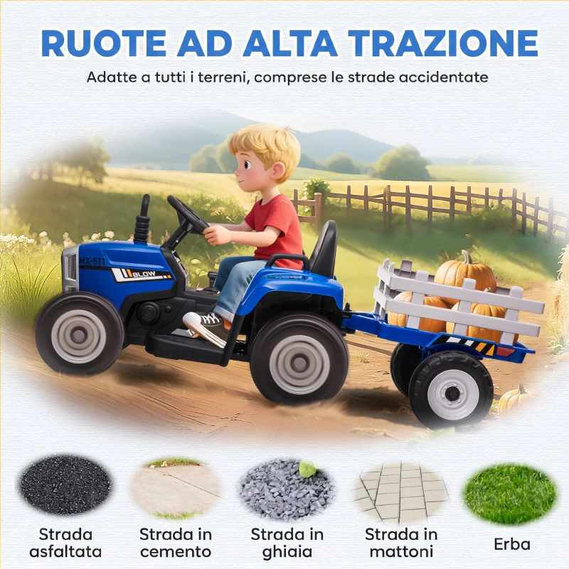 HOMCOM Trattore Elettrico per Bambini con Rimorchio Rimovibile, Telecomando, Porta USB, Musica e Luci, Età 3-6 Anni, Blu