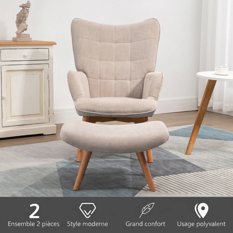 HOMCOM Fauteuil avec repose pied, dossier haut, pieds en bois et tissu aspect velours côtelé, pour salon chambre à coucher beige(m-6)