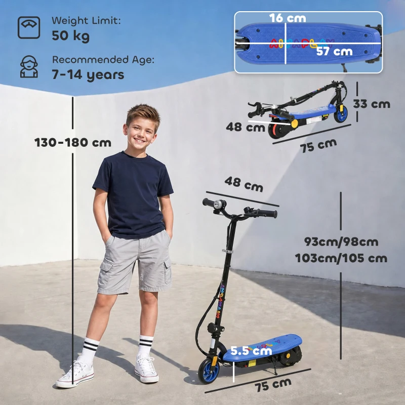 HOMCOM Foldable Electric Scooter, with LED Lights, for Ages 7-14 Years, Blue