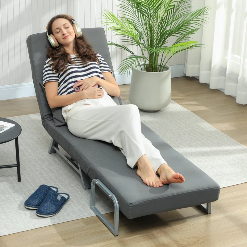 HOMCOM Fauteuil Convertible 1 Place, Fauteuil-Lit Pliable Rembourré en Lin avec Dossier Réglable, Oreiller, Gris Foncé