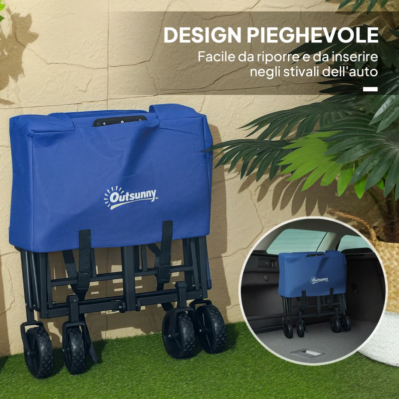 Outsunny Carrello da Giardino 62L Pieghevole con Maniglia Regolabile, in Metallo e Tessuto Oxford, 76x48x86 cm, Blu