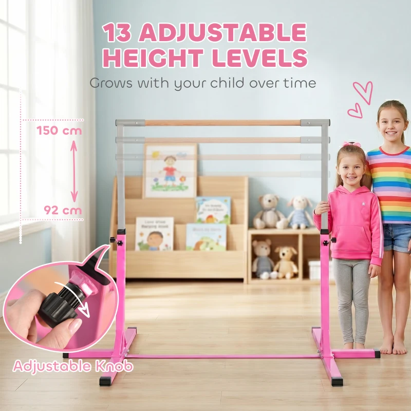 HOMCOM Height Adjustable Gymnastics Horizontal Bar for Kids, Children Junior Kip High Bar Fitness, Pink