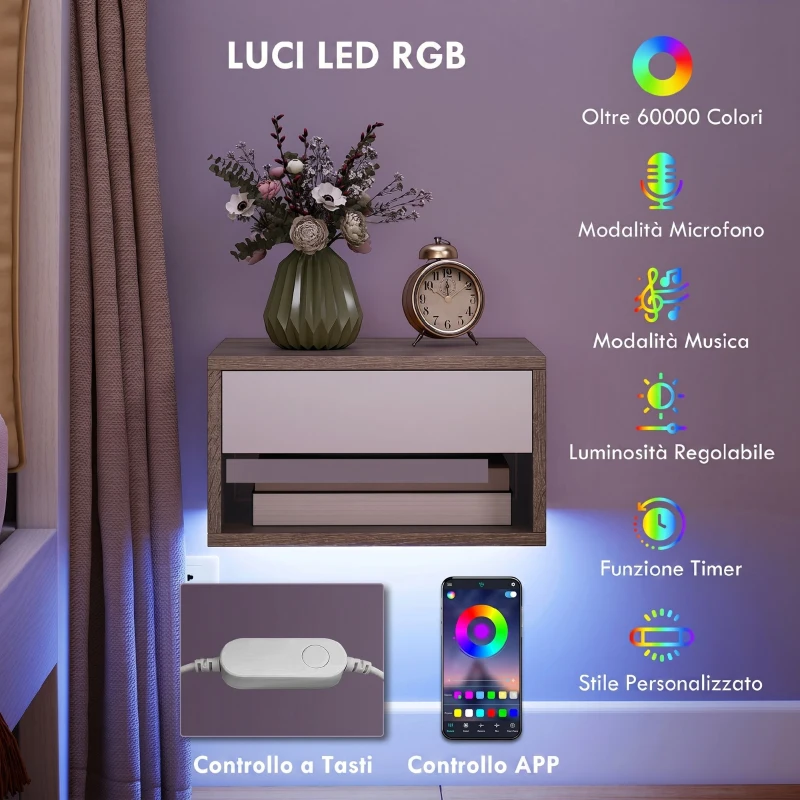 HOMCOM Set 2 Comodini Sospesi con LED RGB Integrati e Regolabili con APP, Cassetto e Ripiano, 37x32x21 cm, Bianco Color Legno