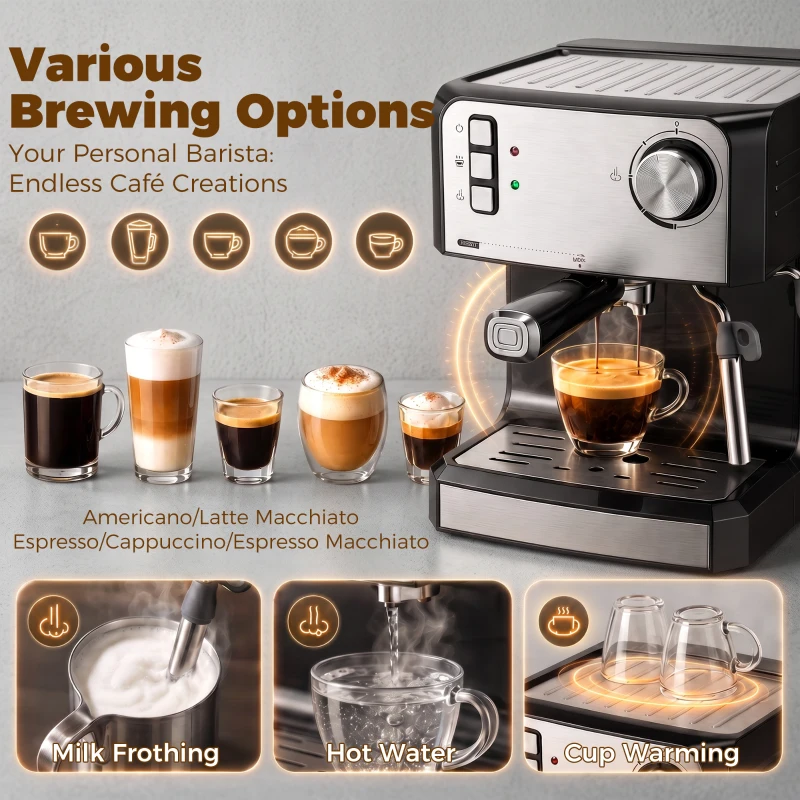HOMCOM Espressomaschine, 20-Bar-Kaffeemaschine mit Milchaufschäumdüse, 1,6-l-Wassertank, Schwarz