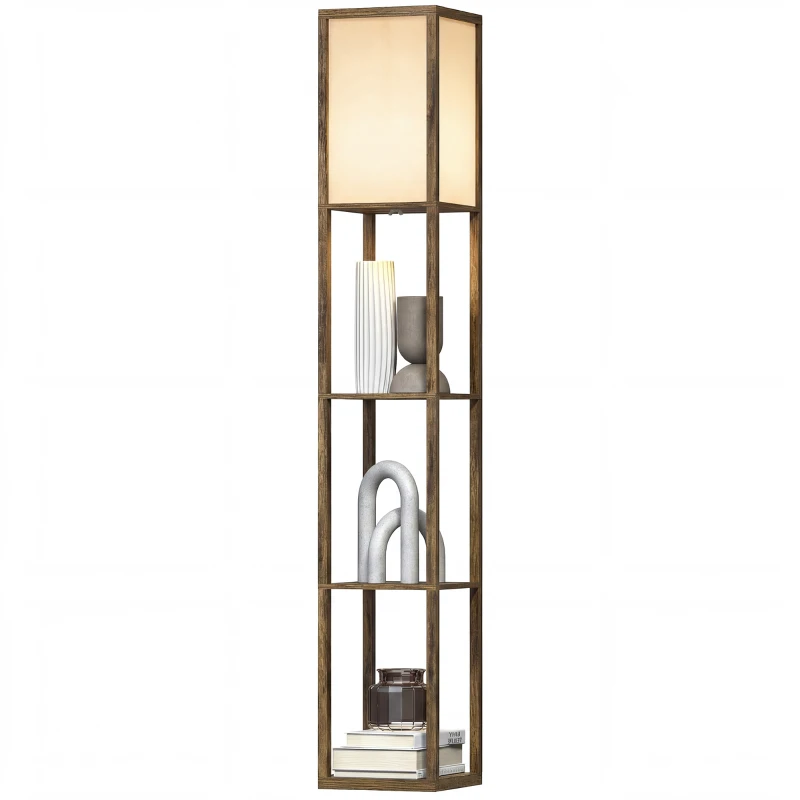 HOMCOM 3-Tier Floor Lamp with Shelves and Storage, Modern Corner Standing Lamp with Lampshade, Foot Switch for Living Room, Bedroom, Home Office, Bulb not Included, Brown