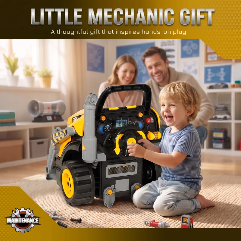 AIYAPLAY Jouet Moteur de Camion et Pelle pour Enfants, Camion Mécano, Volant, Effet de Brume, Sonores et Lumineux, 3-6 Ans, Jaune