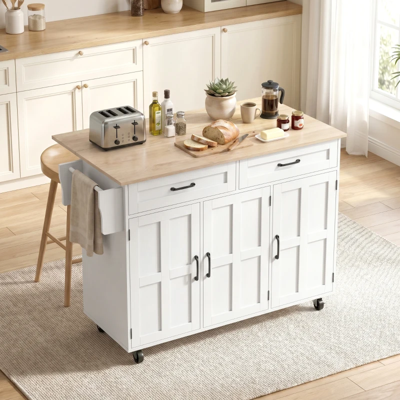 HOMCOM Îlot de cuisine avec plateau rabattable, chariot à roulettes 2 tiroirs, 3 portes, porte-racks et porte-serviettes, blanc