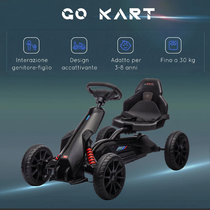 HOMCOM Go Kart a Pedali per Bambini 3-8 Anni con Sedile Regolabile e Ruote in EVA, 100x58x58.5 cm, Nero