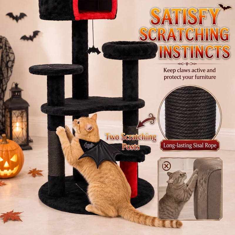 PawHut Gothic Cat Tree, 155cm Cat Tower for Indoor Kittens, Multi-Level Stable Kitten Activity Centre, Black, Halloween