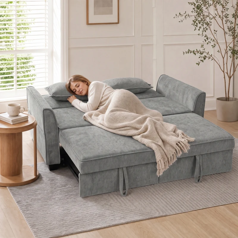 HOMCOM 2 Seater Sofa Bed, 4-in-1 L-Shaped Convertible Pull-Out Sleeper Sofa with Adjustable Backrest and Side Pockets, Grey