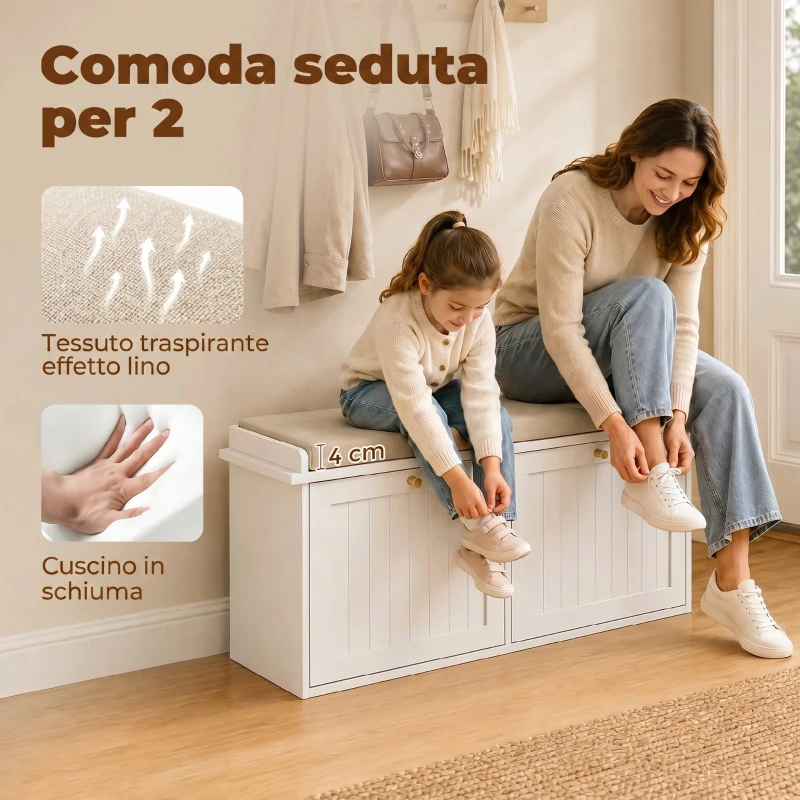 HOMCOM Panca Scarpiera con Cuscino Imbottito, 2 Cassetti Ribaltabili per 8-10 Paia di Scarpe, Bianco