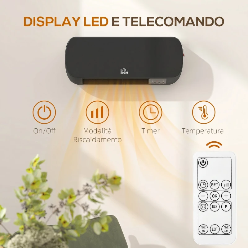 HOMCOM Stufa Elettrica Basso Consumo da Parete con Telecomando, Temperatura Regolabile e Timer 12 Ore, Nero
