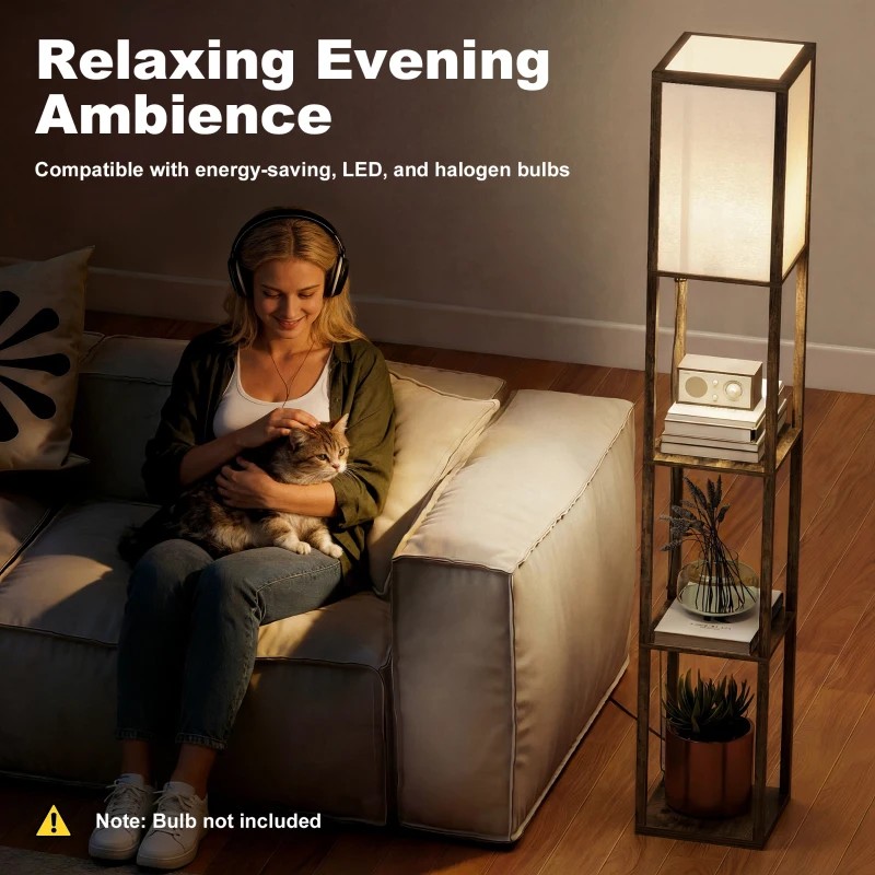 HOMCOM 3-Tier Floor Lamp with Shelves and Storage, Modern Corner Standing Lamp with Lampshade, Foot Switch for Living Room, Bedroom, Home Office, Bulb not Included, Brown