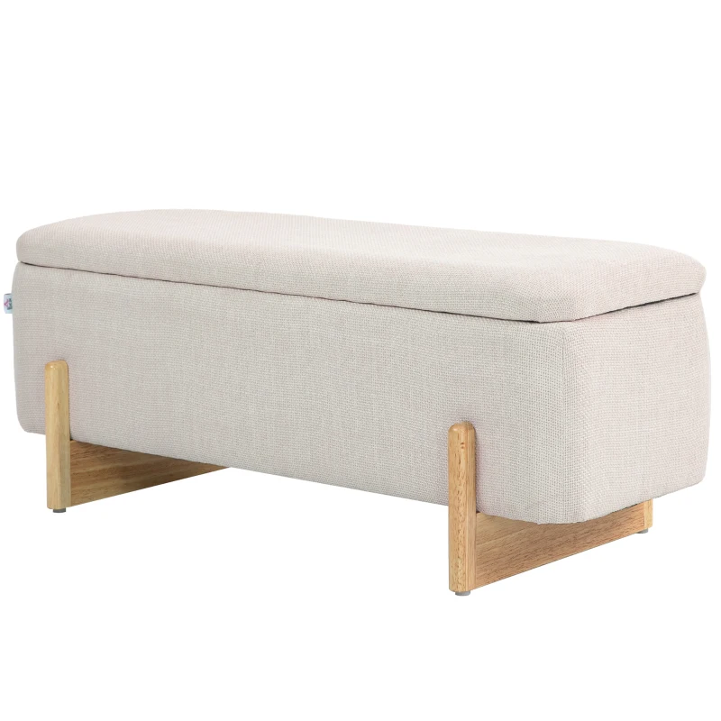 HOMCOM Banc de Rangement, Bout de Lit Rembourré, Charnières de Sécurité, Pieds Forme U en Bois d'Hévéa Stable, Crème(m-12)