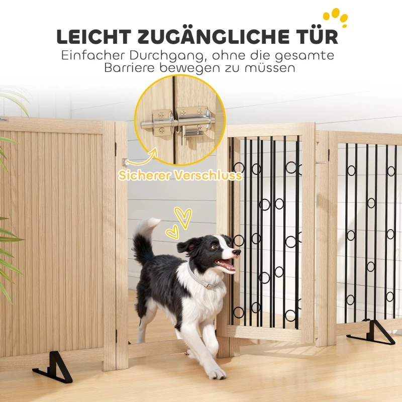 PawHut Vrijstaand huisdierpoortje, hondenhek met deur, 4 panelen, voor hal, trap, deurkozijn, MDF, staal