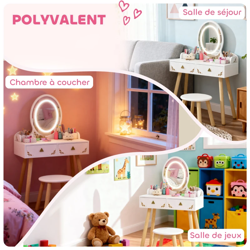 AIYAPLAY Coiffeuse pour enfant 2 en 1 bureau enfant fille avec miroir à LED 3 couleurs et tabouret 60x30x99,3 cm blanc