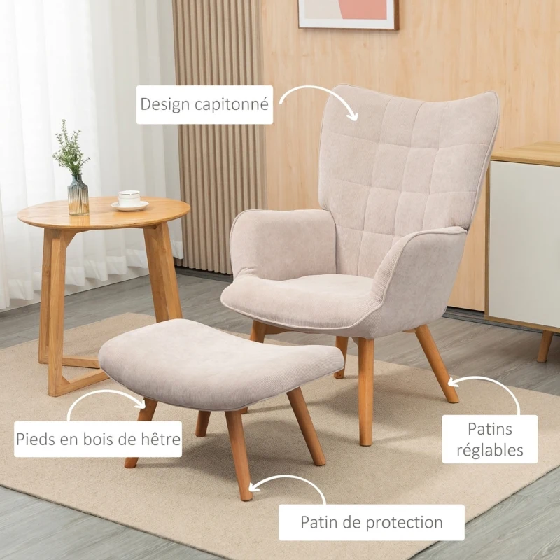 HOMCOM Fauteuil avec repose pied, dossier haut, pieds en bois et tissu aspect velours côtelé, pour salon chambre à coucher beige(m-5)