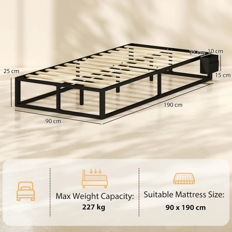 HOMCOM 12 Slats Metal Platform Bed Frame, 3ft Single Bed Frame with Storage Bag and Anti-Slip Pads, Black