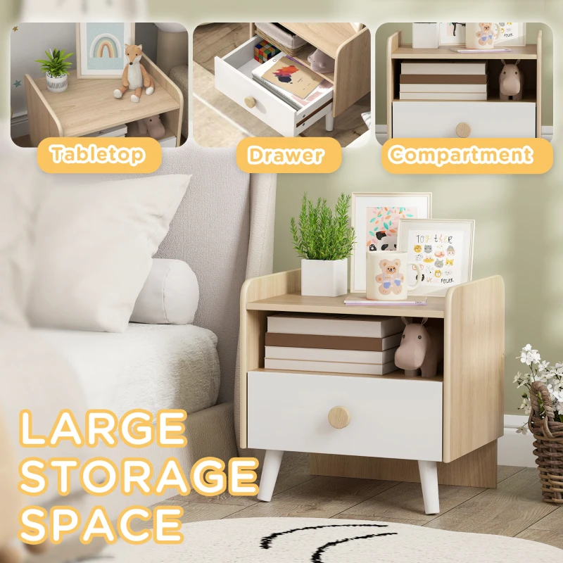 AIYAPLAY Kids Bedside Table with Drawer and Open Storage Shelf, Wooden Nightstand for Bedroom, Bedside Cabinet, White