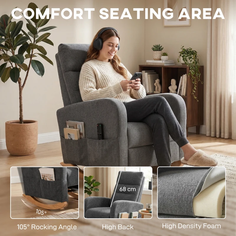 HOMCOM Upholstered Rocking Chair Retractable Footrest Rocker Chair High Back for Living Room Grey