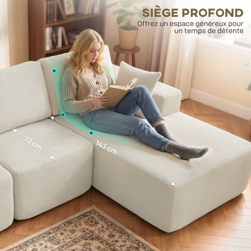 HOMCOM Canapé d'angle modulable 2 en 1, 267cm, canapé-lit 3 places en velours côtelé, larges assise et accoudoirs, crème