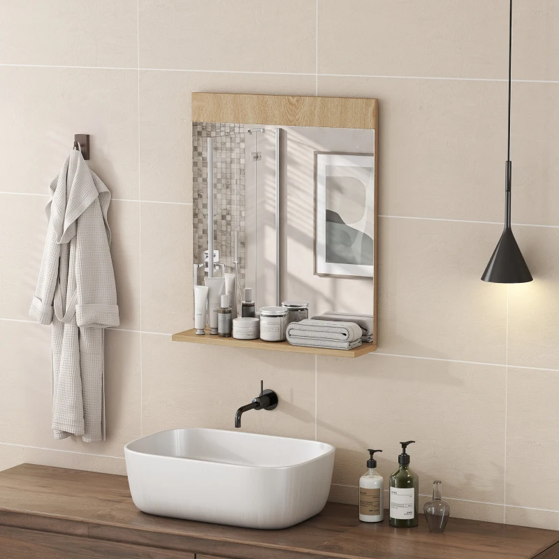 HOMCOM Oglindă de Perete pentru Baie cu Raft Deschis Oglindă pentru Intrare Hol 50x12x60 cm Stejar