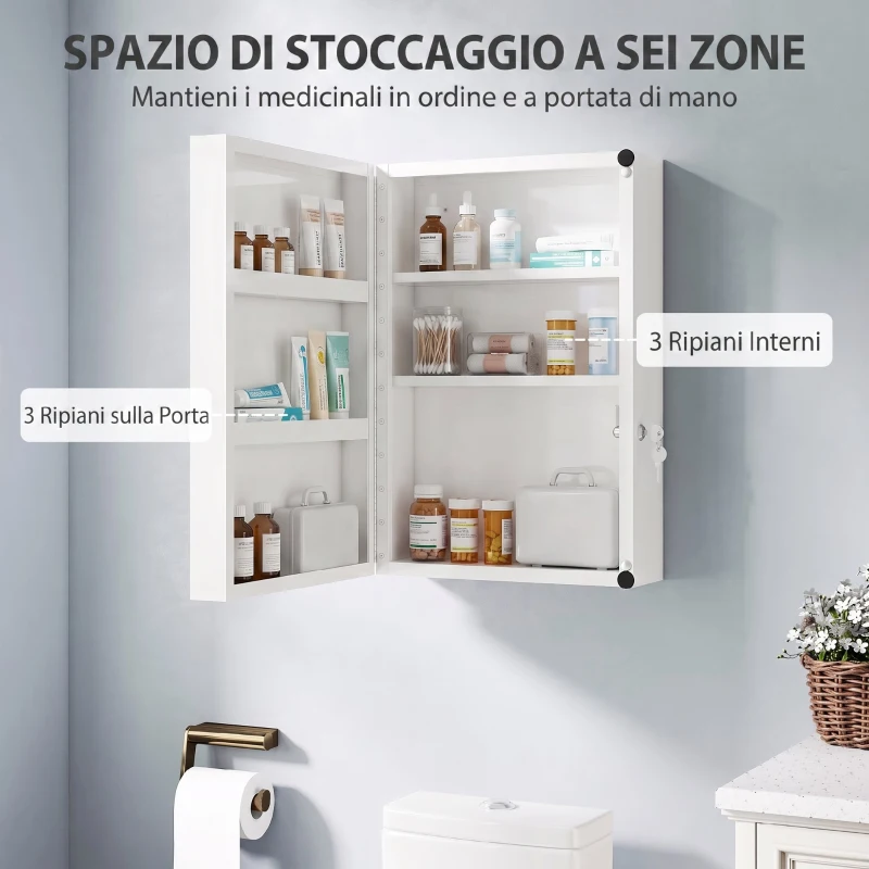 HOMCOM Armadietto portamedicinali da parete con 2 chiavi e 6 scomparti, acciaio, bianco