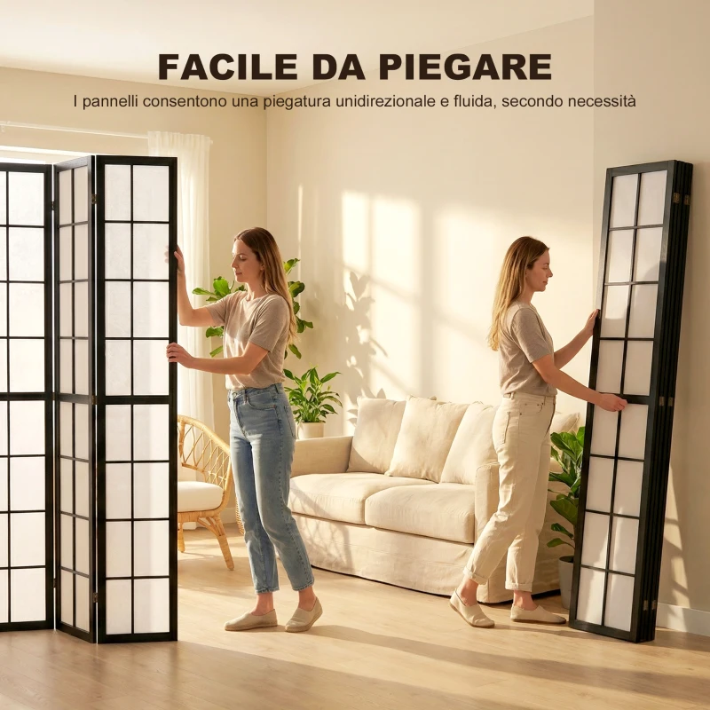 HOMCOM Paravento da Interno a 4 Pannelli Pieghevole in Legno e Tessuto, 160x170 cm, Nero e Bianco