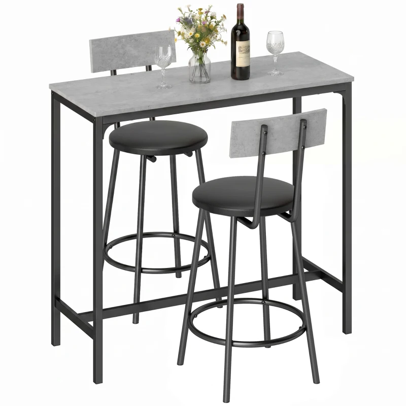 HOMCOM Bartisch mit Barhocker Set Tresentisch mit 2 gepolsterten Hockern mit Fußstütze für Esszimmer, kleinen Raum, Grau