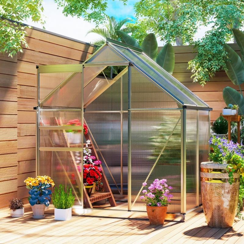 Outsunny Serre de jardin en aluminium polycarbonate avec fondation, serre avec fenêtre réglable porte coulissante 192,5x131x200cm