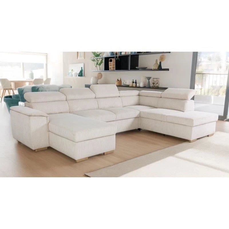 Canapé d'angle convertible panoramique 5 a 6 places DAYTONA - Velours côtelé beige - Avec coffre - L 326 x H 94 x P 216 cm