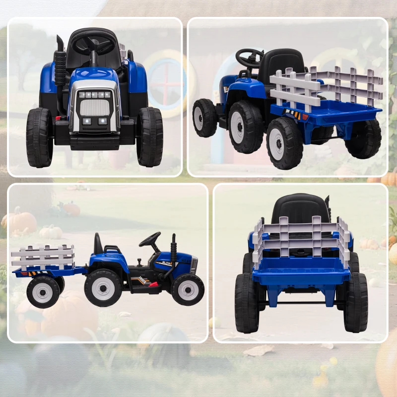 HOMCOM Trattore Elettrico per Bambini con Rimorchio Rimovibile, Telecomando, Porta USB, Musica e Luci, Età 3-6 Anni, Blu
