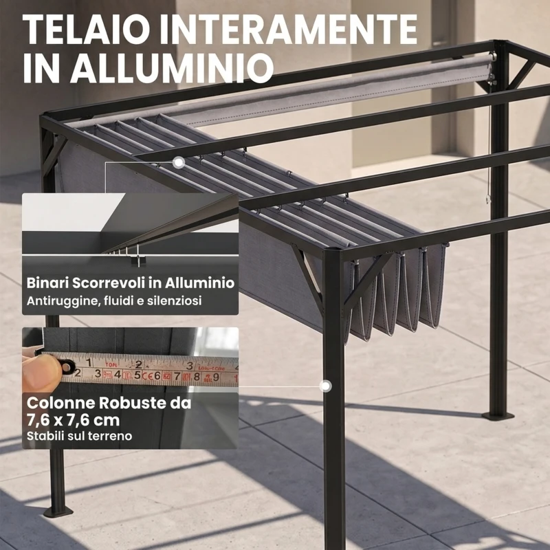 Outsunny Gazebo Pergola Retrattile 3x3 m con Tenda a Rullo e Fori di Drenaggio, in Acciaio e Poliestere Grigio Scuro