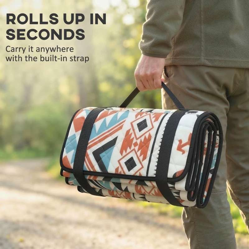 Outsunny Picnic Blanket, 200x200CM Large Beach Blanket Outdoor Picnic Mat with Integrated Strap for Camping, Mix-Colour