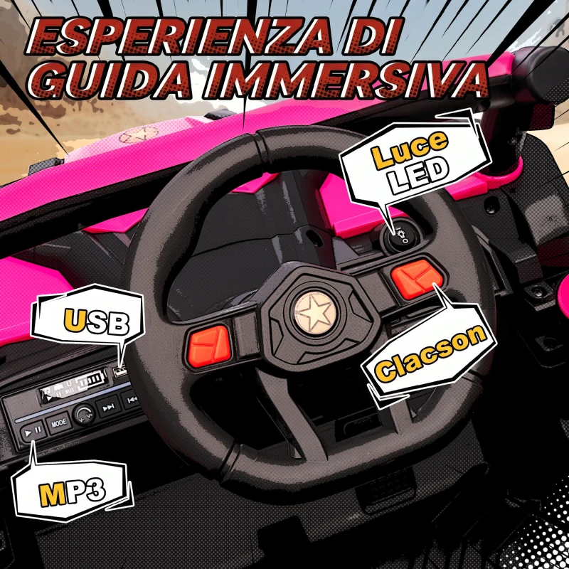 AIYAPLAY Macchina Elettrica per Bambini UTV 12V con Cintura, Telecomando, Sospensioni, USB, 3-7 km/h, 3-5 Anni, Rosa